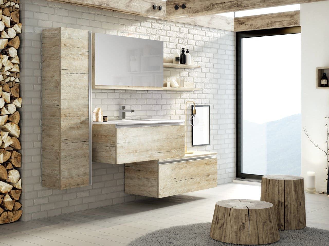 Elementi contenitori e sgabelli in legno per il bagno in stile rustico