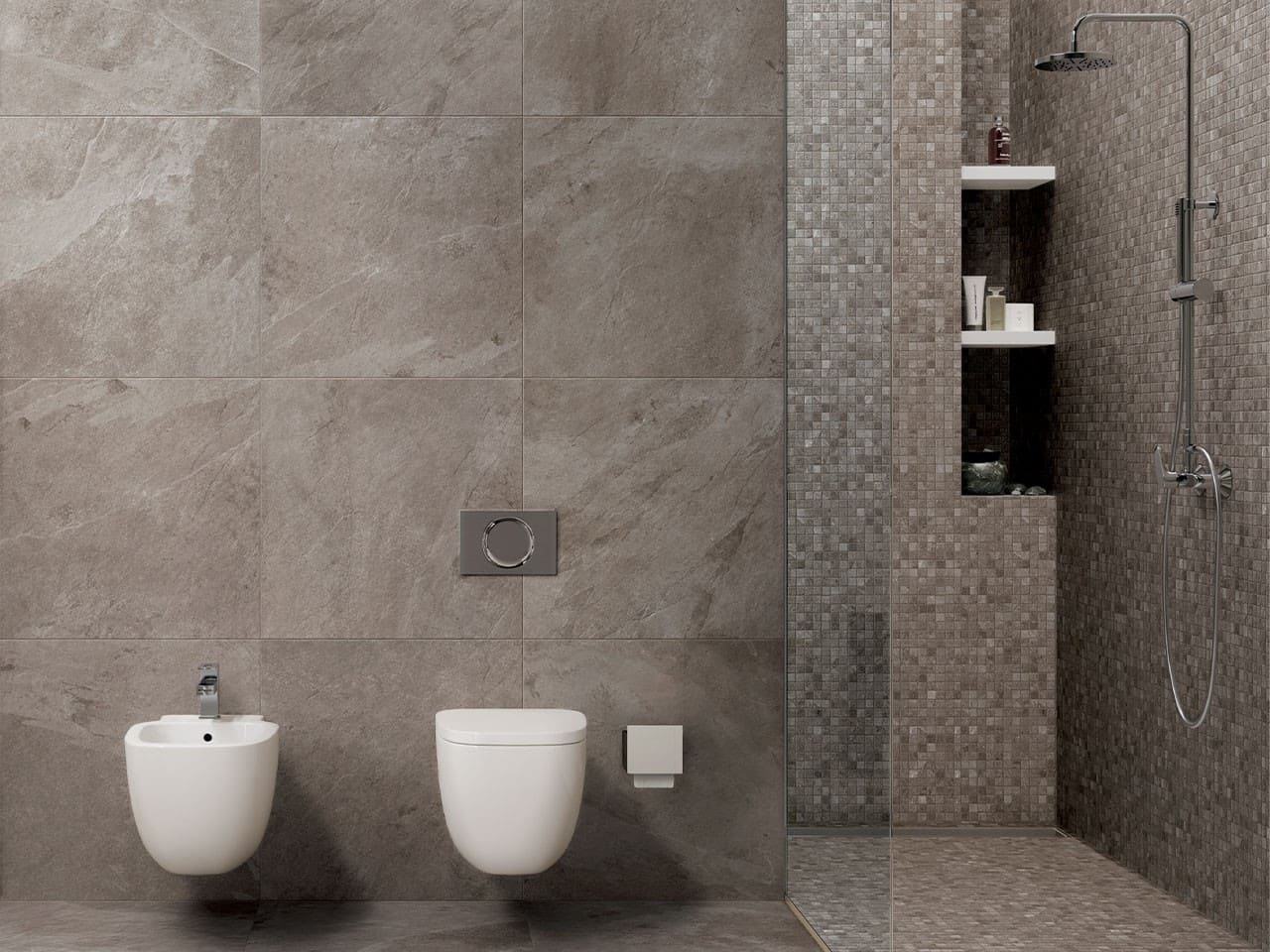Rivestimenti doccia in mosaico di gres effetto pietra ardesia